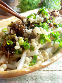 A picture of Daikon Salad with Tempura-crumbs and Jako Fish.