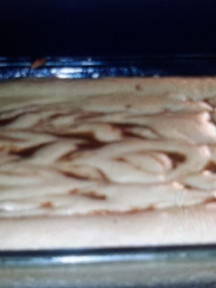 A picture of Cinnabon Cake in the Oven.
