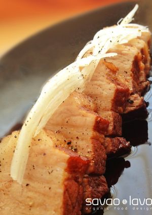 A picture of Pork Belly Simmered in Black Tea.