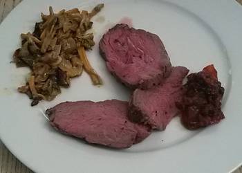 Fresh, Prepare Recipe Roast beef with fried mushrooms and a tomato chutney Savory Delicious