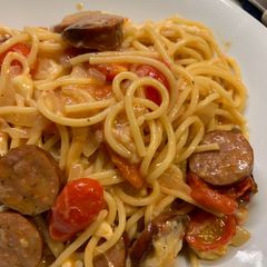 A picture of One pot cheesy andouille pasta.