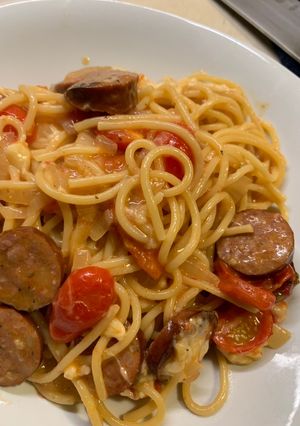 A picture of One pot cheesy andouille pasta.