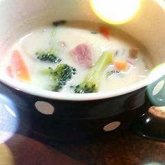 A picture of Vegetable Soup made with Soy Milk and Cheese.