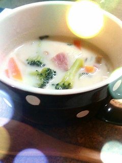 A picture of Vegetable Soup made with Soy Milk and Cheese.