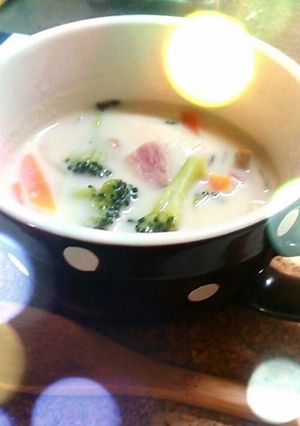 A picture of Vegetable Soup made with Soy Milk and Cheese.