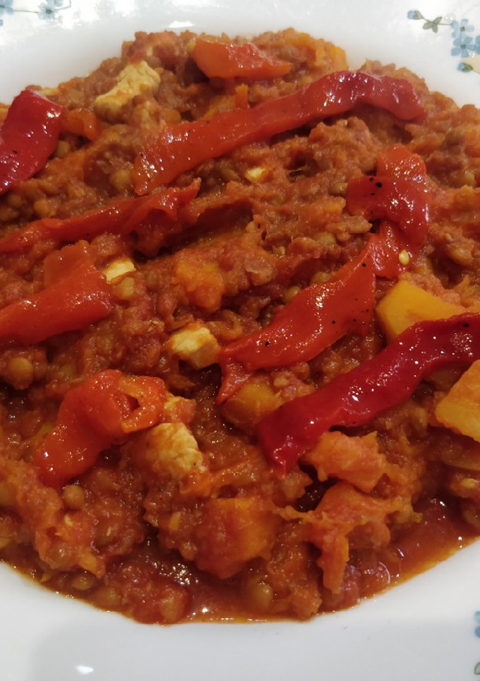 Una foto de Lentejas con calabaza y pollo