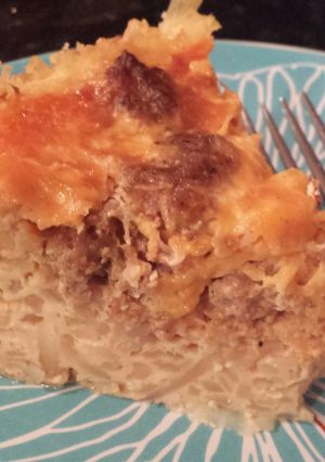 A picture of overnight sausage egg casserole (crock pot).
