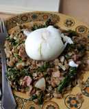 Warm lentil, bacon and kale salad with poached egg