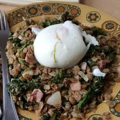 A picture of Warm lentil, bacon and kale salad with poached egg.