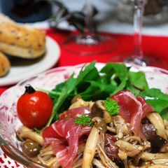 A picture of Mushroom and Cured Ham Marinated in Balsamic Vinegar.