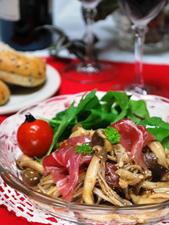 A picture of Mushroom and Cured Ham Marinated in Balsamic Vinegar.