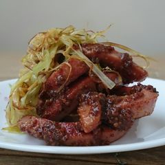 A picture of Hotdog and Leek in Whole Grain Mustard Sauce.