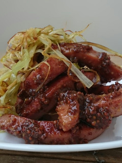 A picture of Hotdog and Leek in Whole Grain Mustard Sauce.