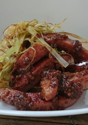 A picture of Hotdog and Leek in Whole Grain Mustard Sauce.