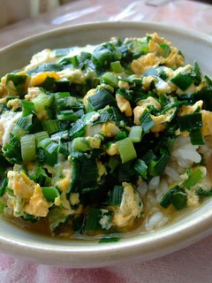 A picture of Chinese Chive and Egg Rice Bowl with Tons of Sauce.