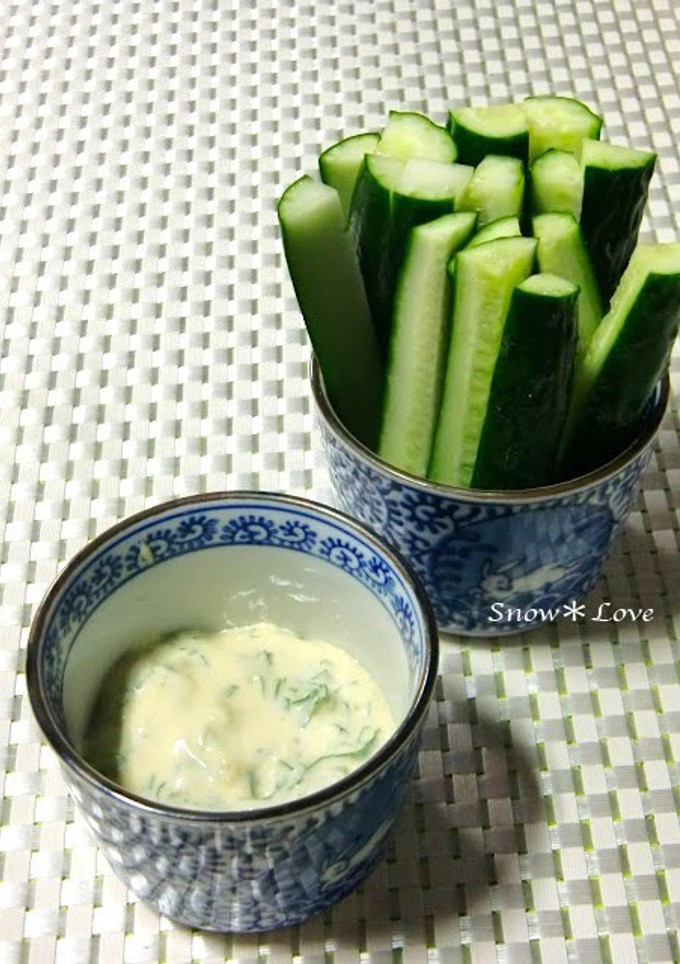 A picture of Cucumbers with Shiso and Mayonnaise Dip.