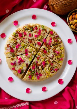 A picture of Coconut mawa fudge - Coconut mawa cake.