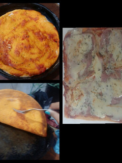 Una foto de Pizza súper casera! Masa de tomate y albahaca!