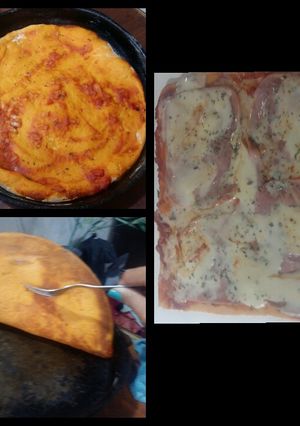 Una foto de Pizza súper casera! Masa de tomate y albahaca!