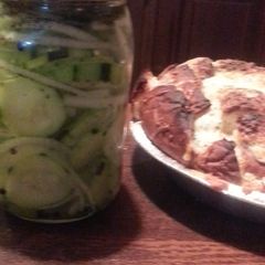 A picture of 2fer Italian pickles & onions and muh monkey bread.