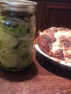 A picture of 2fer Italian pickles & onions and muh monkey bread.