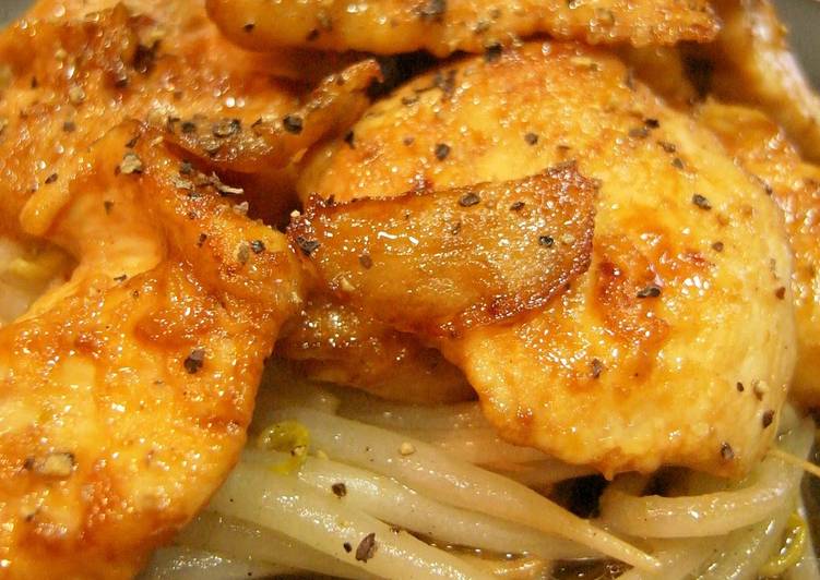 Steps to Make Speedy Butter-sautéed Bean Sprouts and Garlic Chicken with Caramelized Soy Sauce