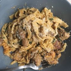 Homemade tagliatelle with pork meatballs and in a creamy sauce A picture of Homemade tagliatelle with pork meatballs and in a creamy sauce.