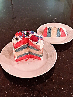 A picture of White Butter Cake with Patriotic Stripes.