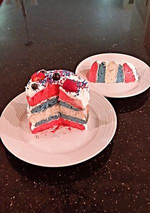 A picture of White Butter Cake with Patriotic Stripes.