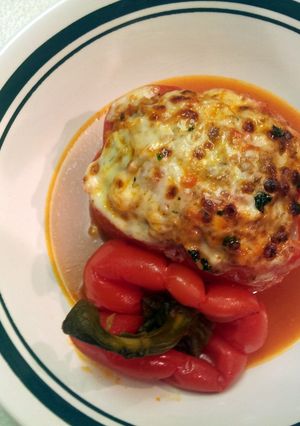 A picture of Turkey and rice stuffed peppers.