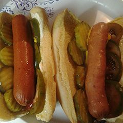A picture of Chicago inspired hotdogs.