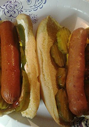 A picture of Chicago inspired hotdogs.