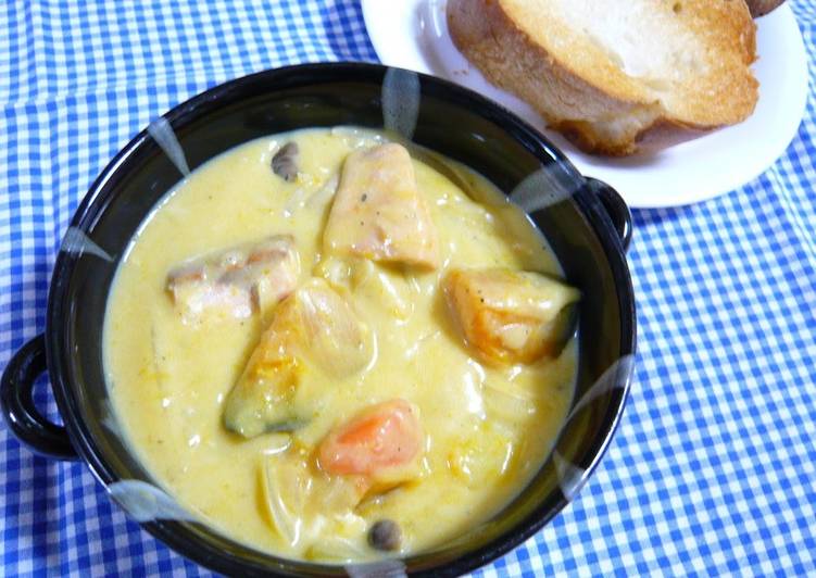 Steps to  Healthy Cream Stew with Salmon and Kabocha Squash