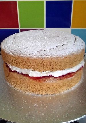 A picture of Vickys Coconut Flour Victoria Sandwich Cake, GF DF EF SF NF.