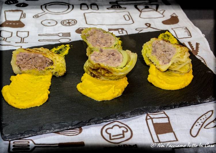 Involtini di verza su vellutata di verza alla curcuma e zafferano