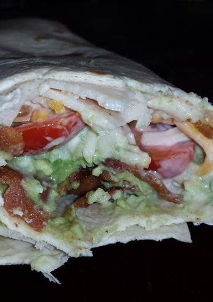 A picture of Ranch BLT chicken avacado wrap.