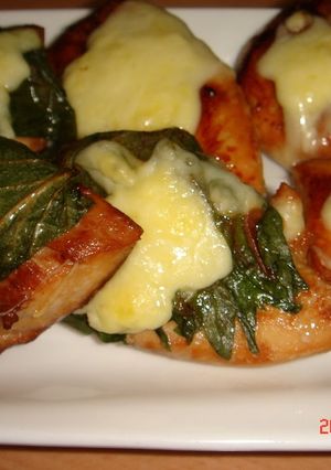A picture of Chicken Tenders With Garlic Soy Sauce Shiso Leaves and Cheese.