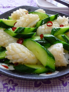 A picture of Chinese Stir-Fry with Squid and Cucumber.