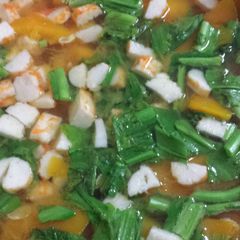 A picture of Kabocha squash with vegetarian shrimp soup.