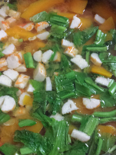 A picture of Kabocha squash with vegetarian shrimp soup.