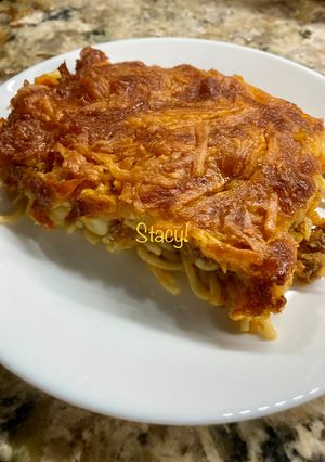 A picture of Baked Pasta Casserole with Leftover Spaghetti and Meat Sauce.