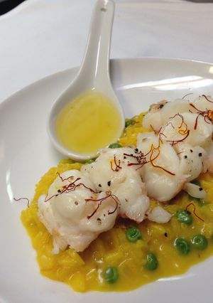 A picture of Lobster poached in vanilla bean butter served with saffron, sweet pea risotto.