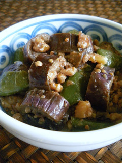 A picture of Eggplant and Green Bell Pepper Stir-fry with Sweet and Spicy Walnut Miso Sauce.