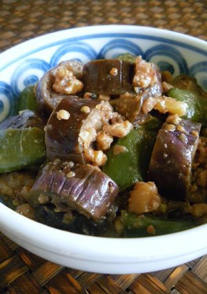 A picture of Eggplant and Green Bell Pepper Stir-fry with Sweet and Spicy Walnut Miso Sauce.