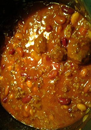 A picture of chili , with buffaloballs.
