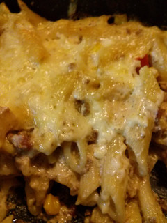 A picture of Beefy penne carbonara pasta.