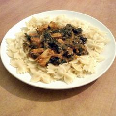 A picture of Cajun Cream Sauce with Chard and Chicken Over Pasta.