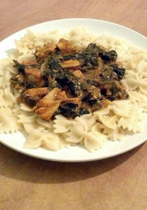 A picture of Cajun Cream Sauce with Chard and Chicken Over Pasta.