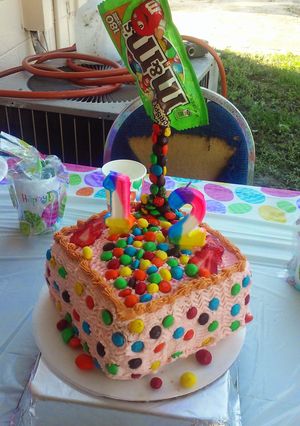 A picture of M&m gravity cake.