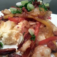 A picture of spicy shrimp and grits.